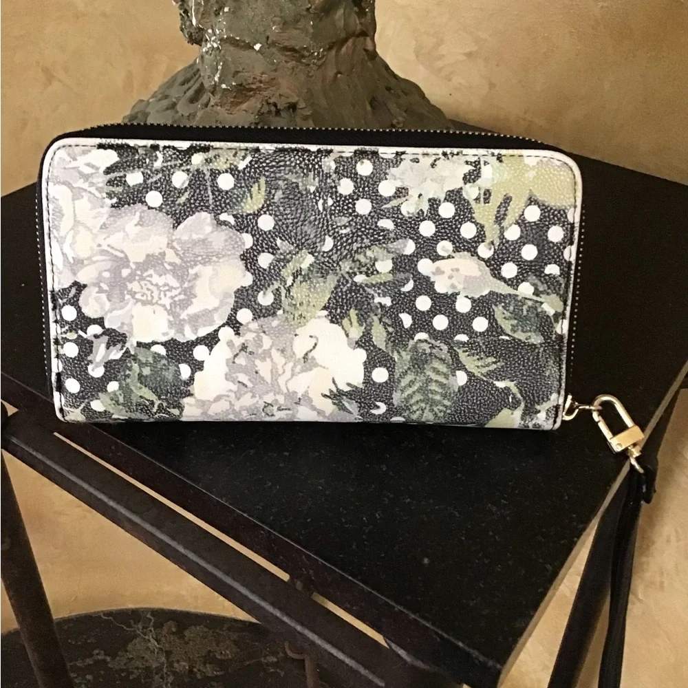 Betsey Johnson Black Floral & White Polka Dot Zip Wallet